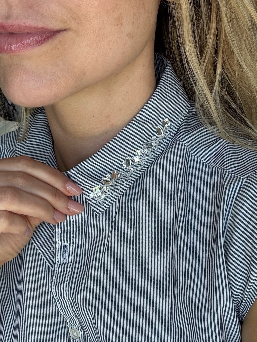 Sleeveless Striped Button-Down Shirt with Embellished Collar - Blue/White - Picture 8 of 12